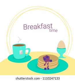 Vector illustration of breakfast time. Black tea, pancakes with jam and boiled egg standing on the table.