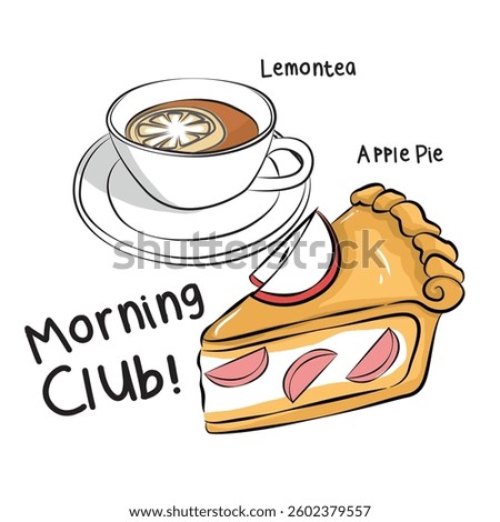 vector illustration of a breakfast time with Lemontea cup and Apple pie. Suitable for breakfast menus, cafe promotions, and food blogs.
