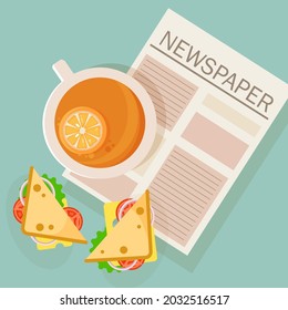 Vector illustration breakfast time with newspaper and sandwich