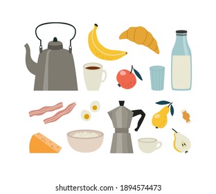 Vector illustration of breakfast tools and food. Kettle, cups, plate with porridge, geyser coffee maker, milk bottle with glass, cheese, bacon, eggs, apple, banana, pears, croissant, and candy.