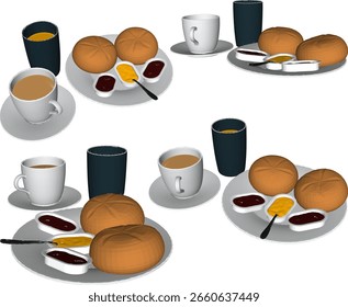 Vector illustration of a breakfast tray design containing bread, jam and milk