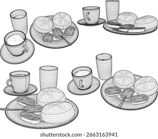 Ilustração vetorial de uma bandeja de café da manhã com pão, geleia e leite