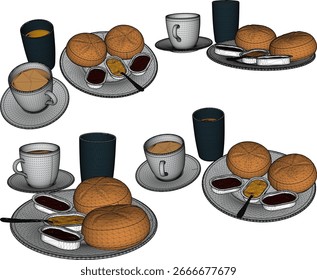 Vektorgrafik einer Frühstücksschale mit Brot, Marmelade und Milch 