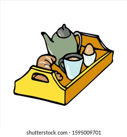 vector illustration breakfast tray isolation on white background. fresh buns, croissant. egg jam and a cap of coffee on serving meal .tasty good morning.