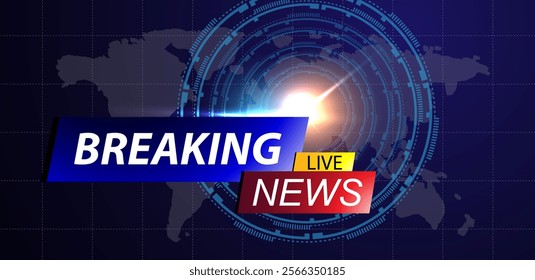 Vector illustration breaking news background template. blue futuristic broadcast with word map.