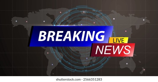 vector illustration breaking news background template. blue futuristic broadcast with word map.