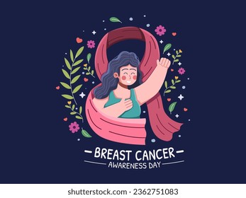 Vector illustration Breast Cancer Awareness Month with A strong woman with a pink ribbon, symbolizing hope in the fight against breast cancer. With floral element.
Perfect for banner, poster, campaign