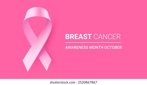 Vector illustration of breast cancer awareness symbol. Breast cancer pink realistic ribbon with loop on pink background. Template design with shine ribbon and word for awareness month campaign banner