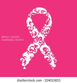 Vector illustration - Breast cancer awareness, ornate pink ribbon on  pink background