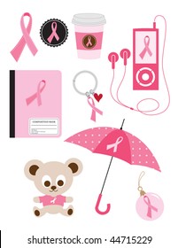 Vector illustration of breast cancer awareness gifts and products.