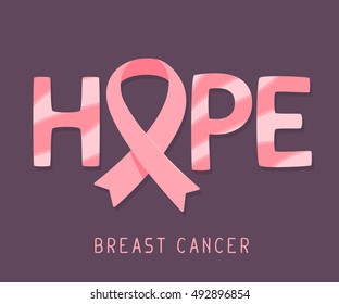 Vector illustration for breast cancer awareness month with pink ribbon, cancer awareness symbol and word hope on dark background. Flat style design for poster, banner, web, site