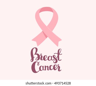 Vector illustration for breast cancer awareness month with pink ribbon, cancer awareness symbol with text on white background. Flat style design for poster, banner, web, site