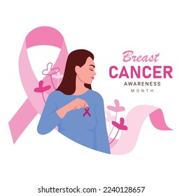 Vector illustration of breast cancer. Cartoon scene with a girl who made a decision to fight cancer and holds a ribbon that confirmed it on white background.