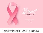 Vector illustration of breast cancer pink realistic ribbon with loop. Symbol of breast cancer awareness. Template 3d design with word and shine ribbon with shadow for awareness month campaign banner