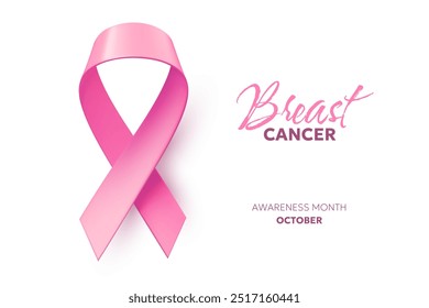 Vector illustration of breast cancer pink realistic ribbon with loop. Symbol of breast cancer awareness. Template design with word and shine ribbon for awareness month campaign banner background