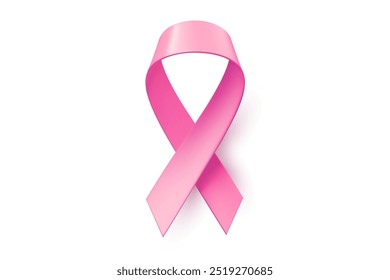 Ilustração vetorial da fita realista rosa do câncer de mama com laço e sombra no fundo branco. Símbolo da conscientização do câncer de mama. Design de modelo de fita de brilho para a campanha de mês de conscientização