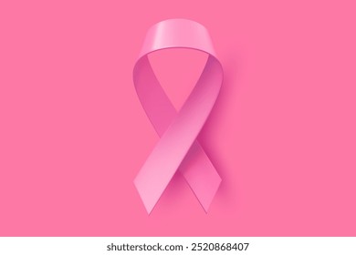 Vector illustration of breast cancer pink realistic ribbon on pink background. Symbol of breast cancer awareness with loop. Template design of shine ribbon for awareness month campaign banner