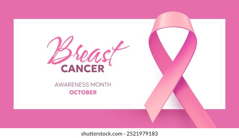 Ilustração vetorial da fita realista rosa do câncer de mama com laço e palavra. Design 3d modelo com quadro para conscientização mês campanha banner. Símbolo de conscientização do câncer de mama sobre fundo branco