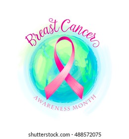 Vector illustration of breast cancer ribbon and world awareness women background. Breast cancer campaign card with ribbon, earth sphere, text lettering sign Breast Cancer Awareness Month