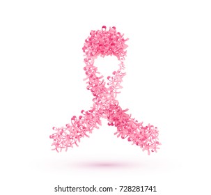 Vector illustration of breast cancer ribbon. Big pink bow consist on little tapes isolated on white background