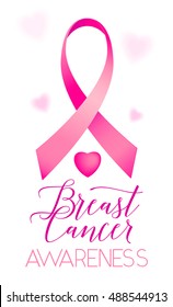 Vector illustration of breast cancer ribbons and heart women awareness vertical background. Breast cancer pink card with ribbon and text lettering sign Pink