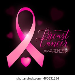 Vector illustration of breast cancer ribbons and heart women awareness background. Breast cancer black card with ribbon and text lettering sign breast cancer awareness