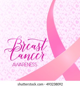 Vector illustration of breast cancer ribbons and heart women awareness background. Breast cancer pink card with ribbon and text lettering sign breast cancer awareness