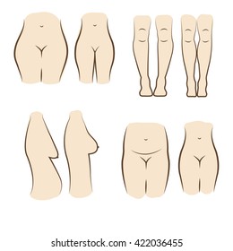 Vector illustration of breast uplift, calf surgery, liposuction before and after treatment.   