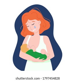 Vector illustration: breastfeeding. The mother is breastfeeding the baby. Postpartum depression. Resentment.