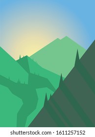 Vector illustration with breathtaking mountain and sunrise views.