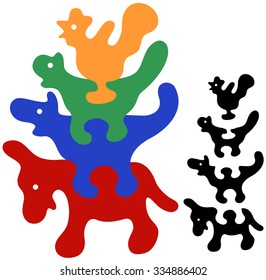 Vector illustration of Bremen Town Musicians puzzle for toy makers
- Illustrator 8 and global color. Easy edit.