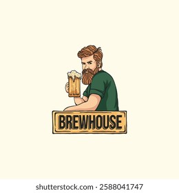 Vector illustration for brewhouse with bearded man with a glass of root beer.