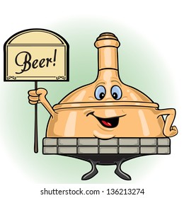 Vector illustration of brewing boiler holding a beer sign