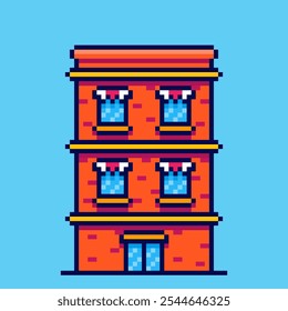 Vector Illustration of Brick Hotel Building with Pixel Art Design, perfect for game assets themed designs