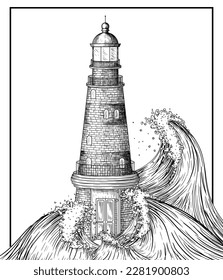 Vector illustration of a brick lighthouse in a stormy sea in engraving style