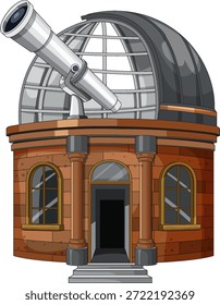 Ilustración vectorial de observatorio de ladrillo con cúpula de vidrio, telescopio Grande, vista frontal, líneas limpias