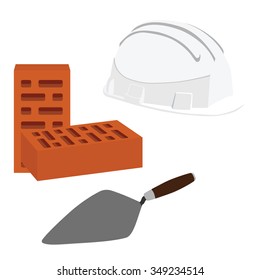 Vector illustration brick spatula, white building helmet and two brown bricks. House building 
