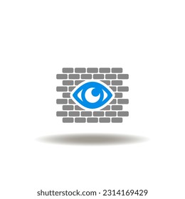 Ilustración vectorial de la pared de ladrillo con los ojos. Símbolo del protocolo de seguridad de inspección profunda de paquetes DPI. Icono de antivirus, cortafuegos. Signo de censura digital en la web.