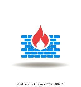 Vector illustration of brick wall fire flame. Icon of firewall. Symbol of antivirus. Sign of network virus attack protection and defense system.