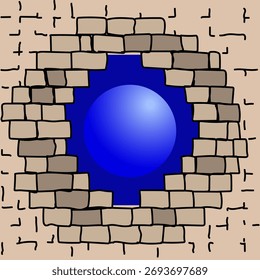 Vector illustration of a brick wall with a hole in the center and a blue sphere on a blue background. For your abstract designs.