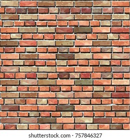 A vector illustration of a brick wall made up of several small bricks in the colors orange red brown and dark brown with a cement color background to give the illusion of a read brick wall