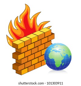 Vector Illustration Of Brick Wall On Fire