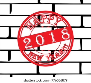 vector illustration, brick wall, red seal, greeting with the New Year