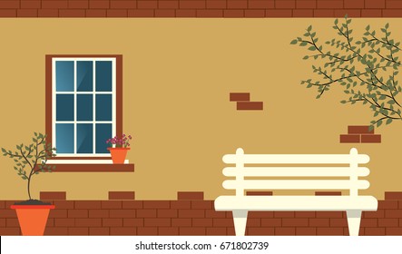 vector illustration of brick wall with window and bench. plant in pot and tree branches