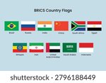 Vector illustration of BRICS and other country flags, including Brazil, Russia, India, China, South Africa, Egypt, Ethiopia, Iran, UAE, Saudi Arabia, Indonesia.