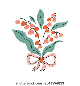 Vector illustration. Bridal bouquet isolated on white background. Cute bow with heart and lilies of the valley. Happy Valentines day greeting card.