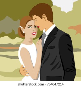 Vector illustration of a bride and a bridegroom (a young married couple) wearing wedding clothes on nature background