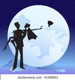 Vector illustration of  bride and bridegroom in  romantic night on the sky background with Giant beautiful full moon