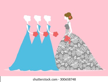 Vector illustration of bride with bridesmaids