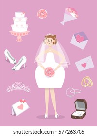 Vector illustration of a bride dressed up and objects related to wedding.